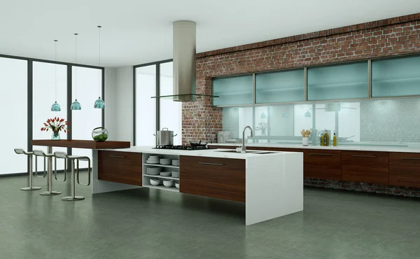 Dřevěný moderní kuchyň v podkroví s kamennou zdí — Stock fotografie