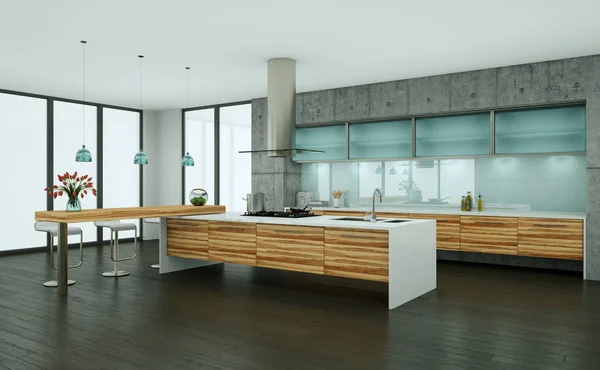 Cozinha moderna de madeira em um sótão com parede de concreto — Fotografia de Stock