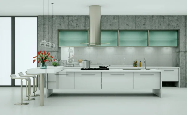 Cocina moderna blanca en un loft con pared de hormigón —  Fotos de Stock