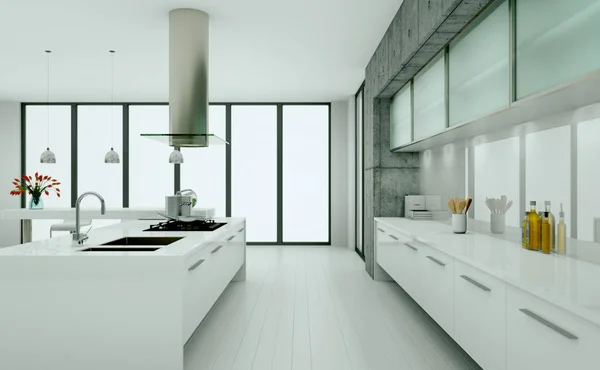 Cozinha moderna branca em um sótão com parede de concreto — Fotografia de Stock