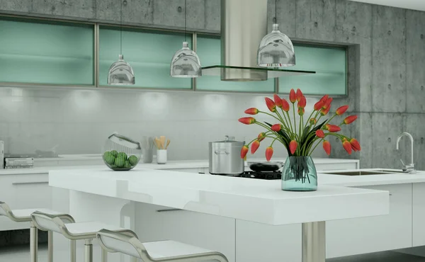 Biały, nowoczesna kuchnia w loft z betonową ścianą — Zdjęcie stockowe
