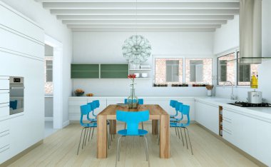Beyaz modern mutfak içinde a ev ile mavi sandalye ve ahşap masa