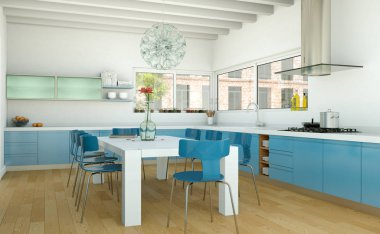 Güzel bir tasarım ile bir evde mavi modern mutfak
