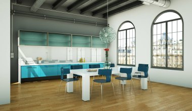 Güzel bir tasarım ile bir evde mavi modern mutfak