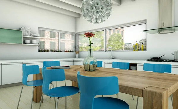 Biały, nowoczesna kuchnia w domu z niebieskich krzeseł i drewnianym stołem — Zdjęcie stockowe