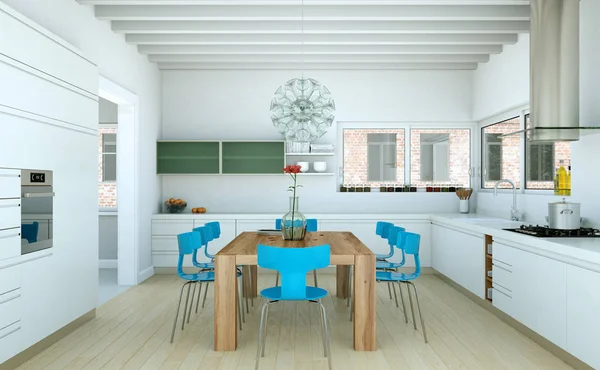 White modern kitchen in a house with blue chairs and wooden table — Stock Photo, Image