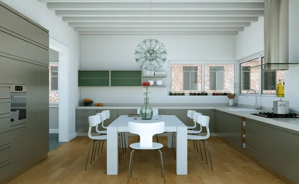 Dapur modern abu-abu di sebuah rumah dengan desain yang indah — Stok Foto