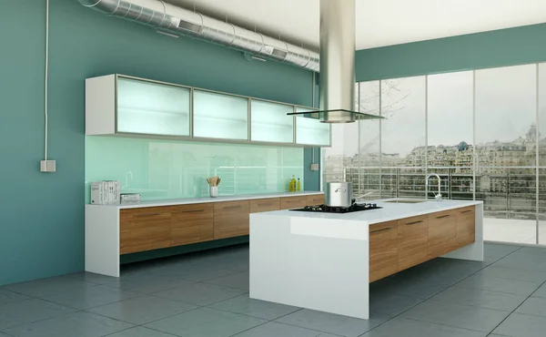 Moderní kuchyň v podkroví s šedou zdí — Stock fotografie