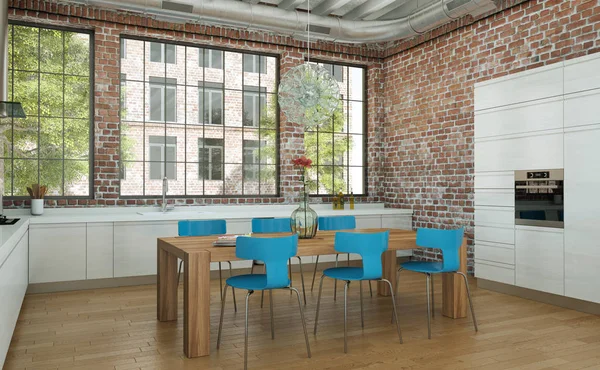 Cucina moderna bianca in una casa con sedie blu e tavolo in legno — Foto Stock