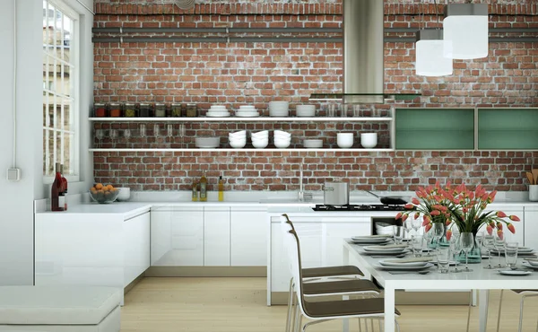 White modern kitchen in a house with a beautiful design — Stock Photo, Image