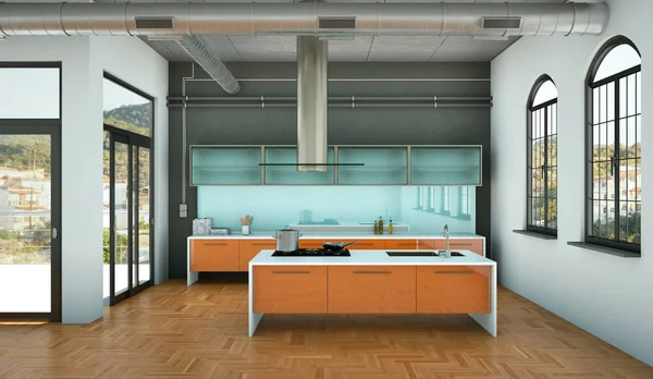 Cuisine moderne orange dans un loft avec un beau design — Photo