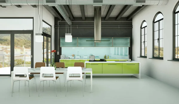 Cocina moderna verde en un loft con un hermoso diseño — Foto de Stock