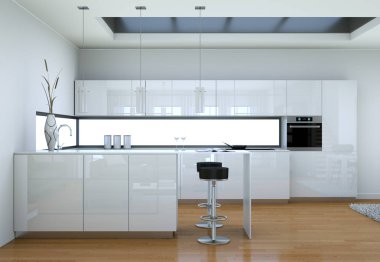 Beyaz modern mutfak bir çatı katında güzel bir tasarım ile