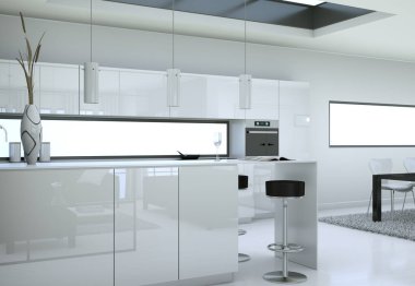 Beyaz modern mutfak bir çatı katında güzel bir tasarım ile