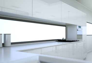 Beyaz modern mutfak bir çatı katında güzel bir tasarım ile