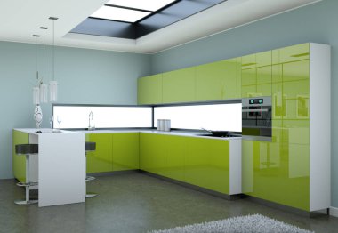 Çatı katında güzel bir tasarım ile yeşil modern mutfak