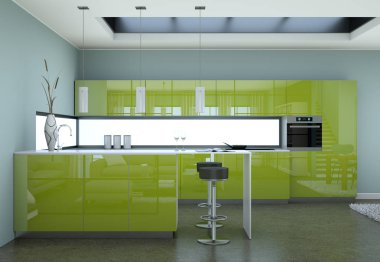 Çatı katında güzel bir tasarım ile yeşil modern mutfak