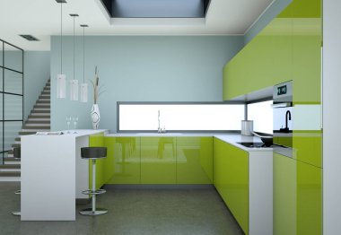 Çatı katında güzel bir tasarım ile yeşil modern mutfak
