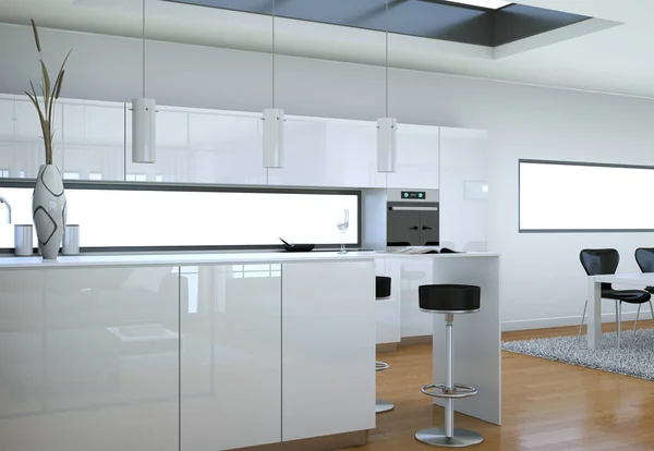 Cocina moderna blanca en un loft con un hermoso diseño — Foto de Stock