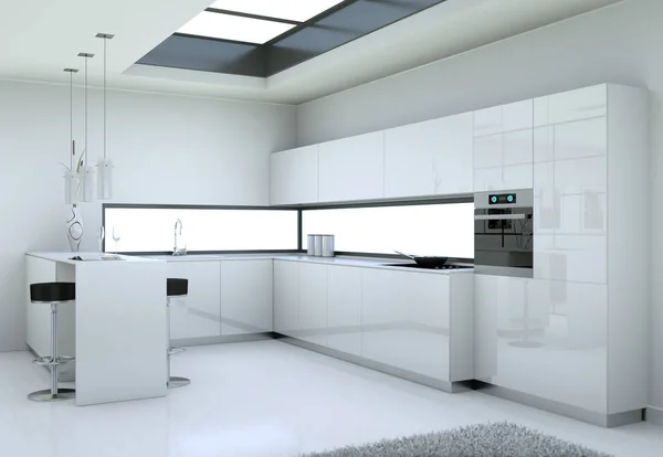 Белая современная кухня в мансарде с красивым дизайном — стоковое фото