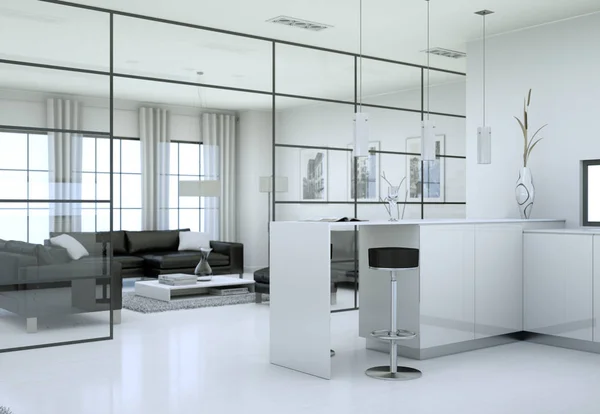 Bílá moderní kuchyň v podkroví s krásným designem — Stock fotografie