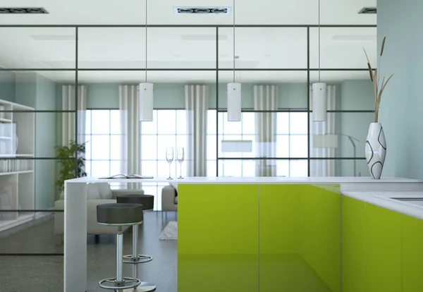 Cozinha moderna verde em um loft com um belo design — Fotografia de Stock