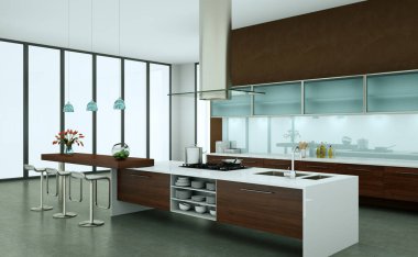 Taş duvar ile bir çatı katında ahşap modern mutfak