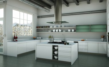 Güzel bir tasarım ile bir evde beyaz modern mutfak