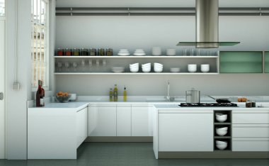 Güzel bir tasarım ile bir evde beyaz modern mutfak