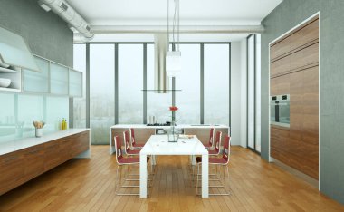 Taş duvar ile bir çatı katında ahşap modern mutfak