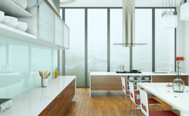 Taş duvar ile bir çatı katında ahşap modern mutfak