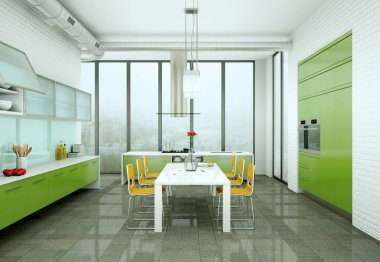 Çatı katında güzel bir tasarım ile yeşil modern mutfak