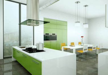 Çatı katında güzel bir tasarım ile yeşil modern mutfak