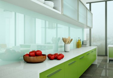 Çatı katında güzel bir tasarım ile yeşil modern mutfak