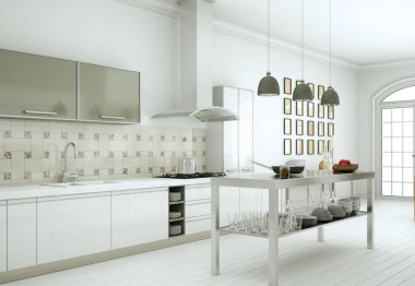 Güzel bir tasarım ile bir evde beyaz modern mutfak