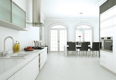 Güzel bir tasarım ile bir evde beyaz modern mutfak