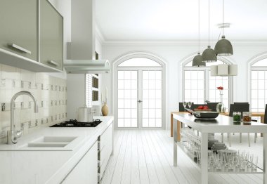 Güzel bir tasarım ile bir evde beyaz modern mutfak