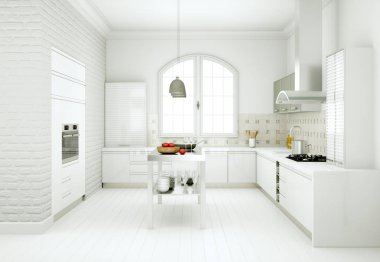 Güzel bir tasarım ile bir evde beyaz modern mutfak