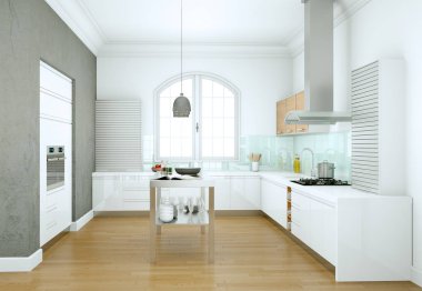 Güzel bir tasarım ile bir evde beyaz modern mutfak