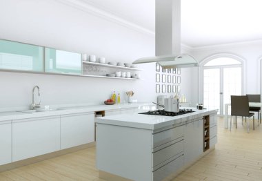 Güzel bir tasarım ile bir evde beyaz modern mutfak