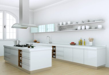 Güzel bir tasarım ile bir evde beyaz modern mutfak