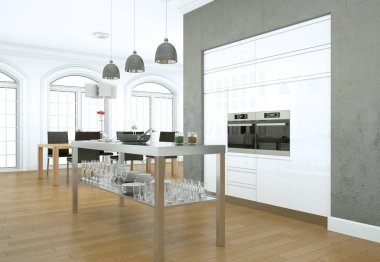 Güzel bir tasarım ile bir evde beyaz modern mutfak