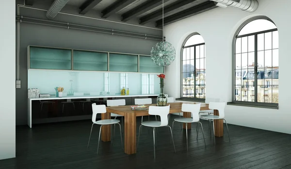 Cozinha moderna branca em um loft com um belo design — Fotografia de Stock