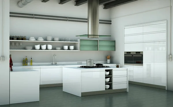 Біла сучасна кухня в будинку з красивим дизайном — стокове фото