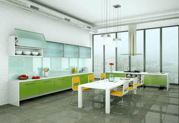 Cozinha moderna verde em um loft com um belo design — Fotografia de Stock