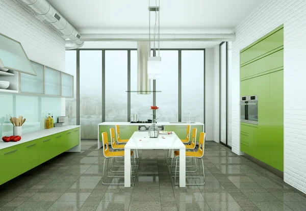Çatı katında güzel bir tasarım ile yeşil modern mutfak