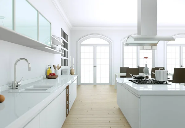 Biały, nowoczesna kuchnia w domu z piękny design — Zdjęcie stockowe