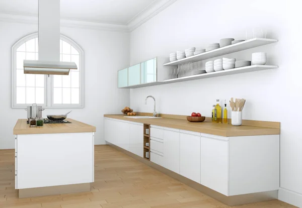 Cozinha moderna branca em uma casa com um belo design — Fotografia de Stock