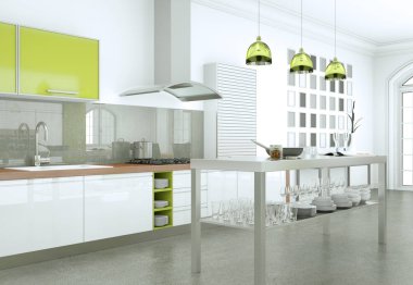 Güzel bir tasarım ile bir evde beyaz modern mutfak