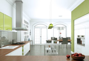 Güzel bir tasarım ile bir evde beyaz modern mutfak